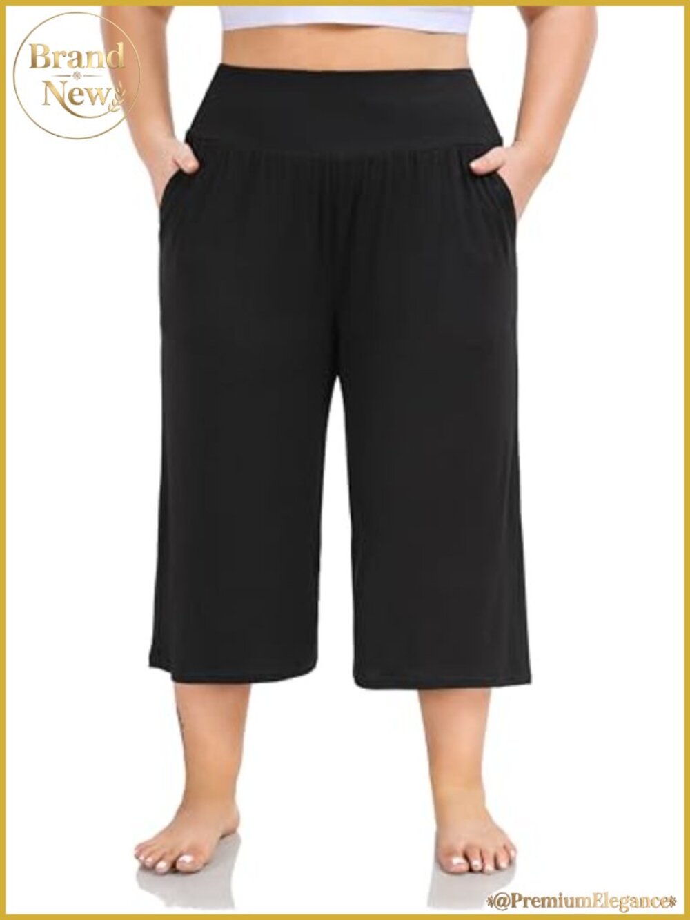 Women's Plus Size High Waisted Wide Leg Capri Yoga Pants with Pockets